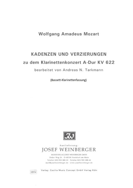 Wolfgang Amadeus Mozart: Kadenzen und Verzierungen zu dem Klarinettenkonzert